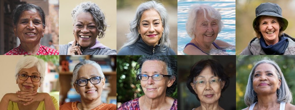 a collage of several older women smiling